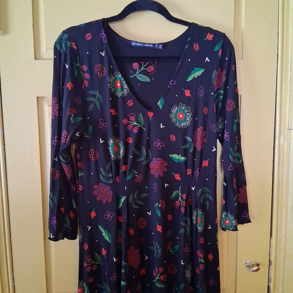 Gudrun Sjoden Black Modal Dress with Red And Green Floral Design Size Medium